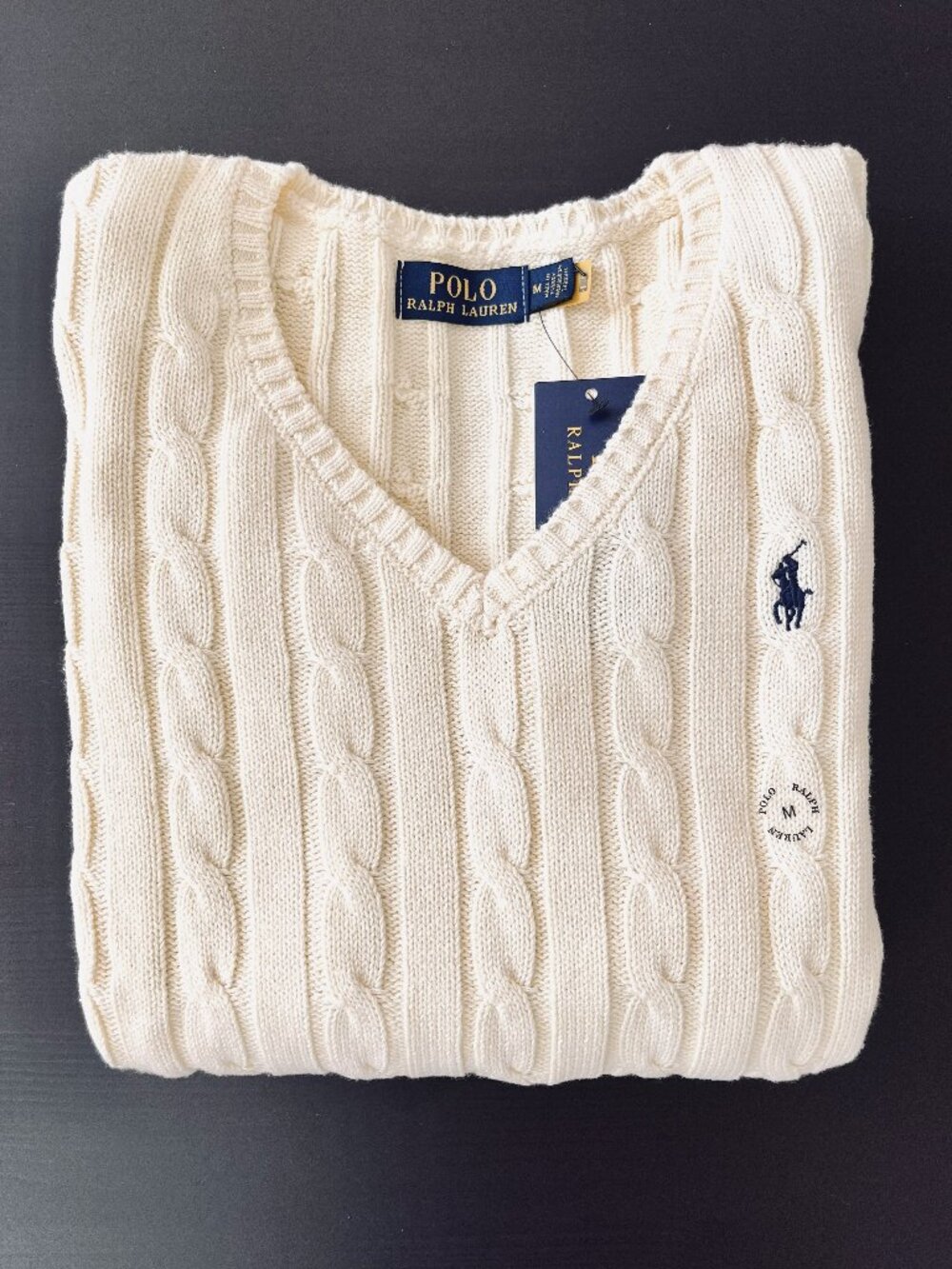 Polo Ralph Lauren Women's Cream Cable Knit V Neck Sweater Size M NWT